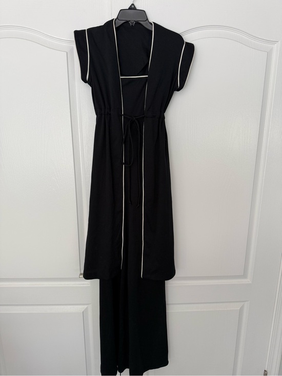 Pants - Vintage Black Jumpsuit with White Piping Overcoat and Tie Waist